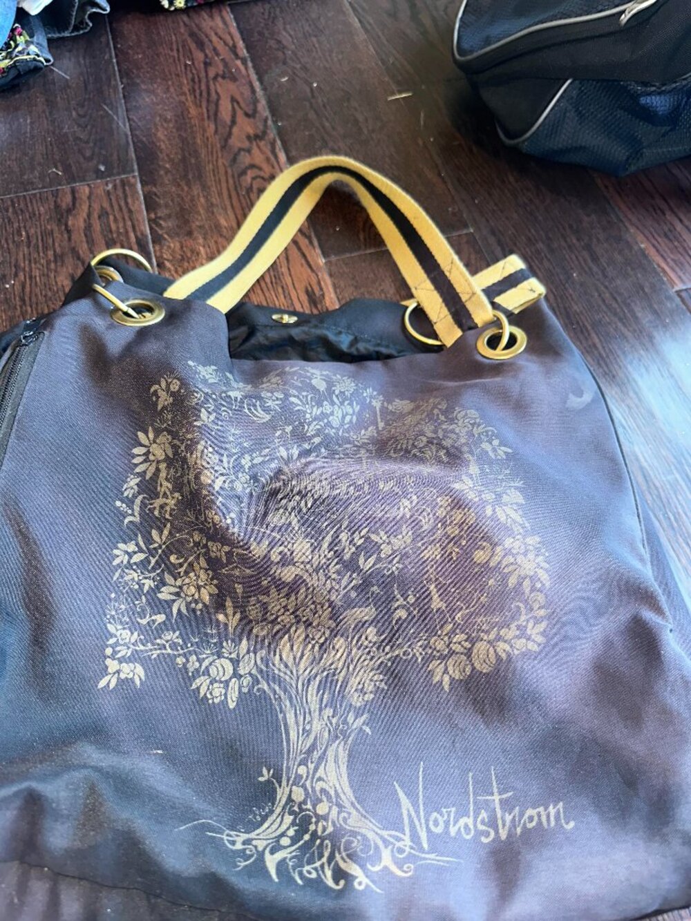 Nordstrom Black Canvas Tote Bag Graphic Tree Design Gold Straps